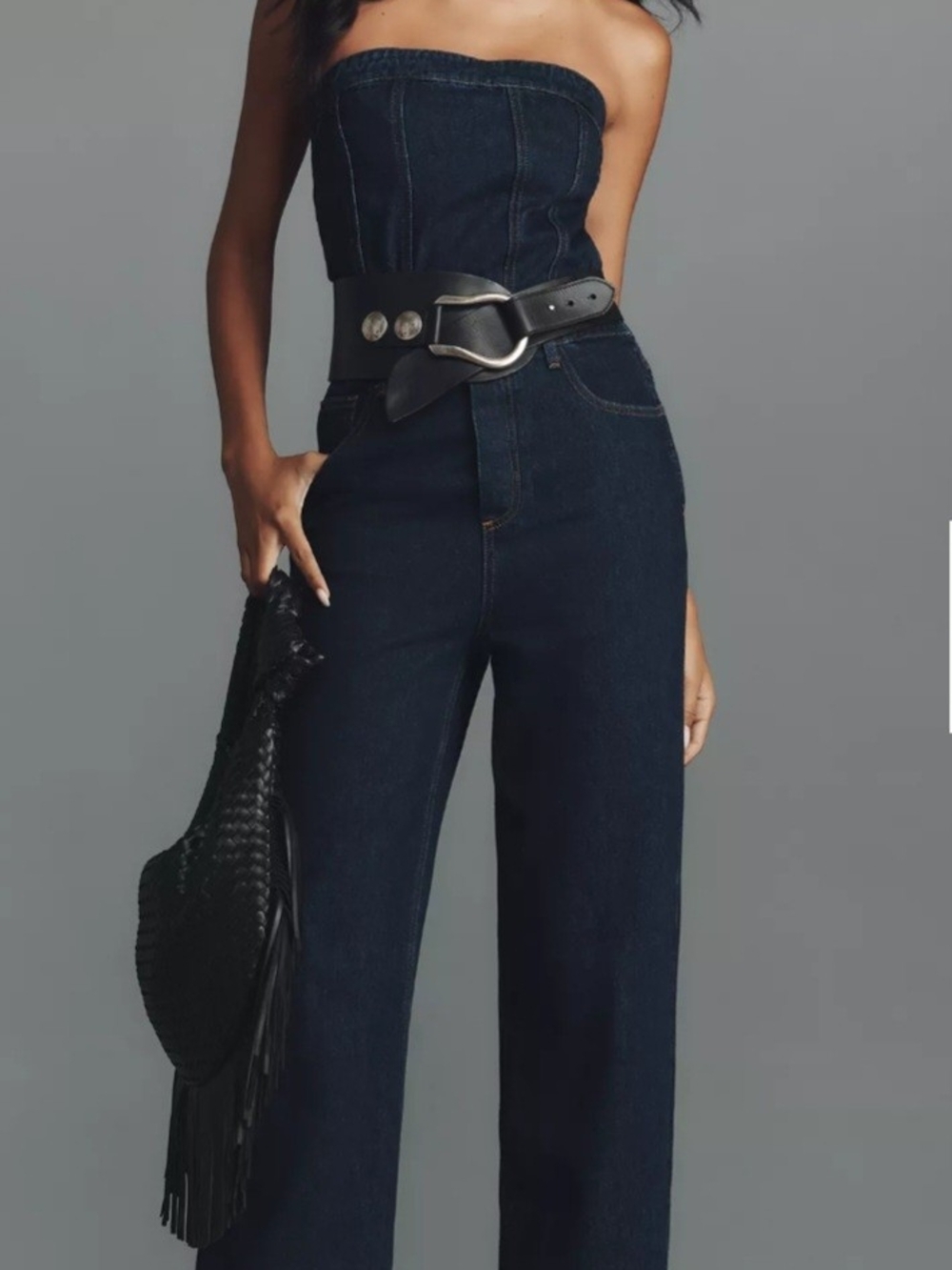 GREY LAB Dark Blue Strapless corset Wide-Leg Denim Jumpsuit